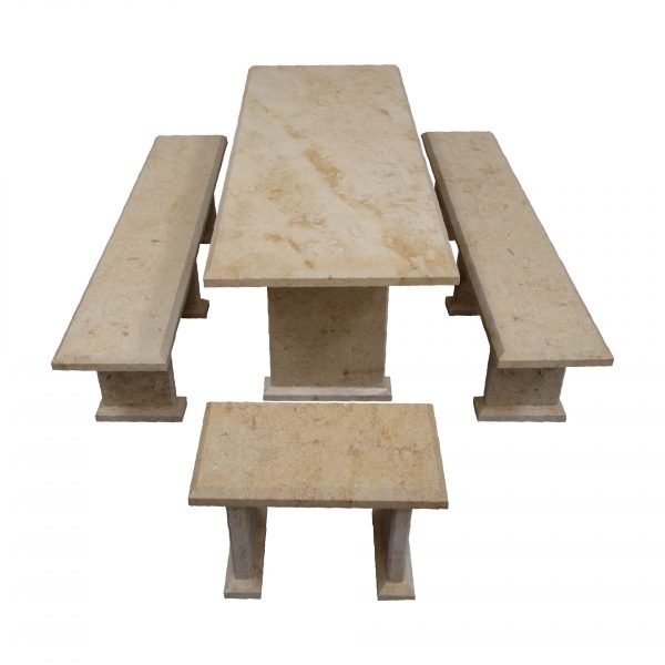 Light Yellow Limestone Table and 4 Bench Set - Image 2