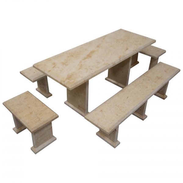 Light Yellow Limestone Table and 4 Bench Set