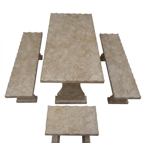 Shell Reef Beige Limestone Table and 4 Bench Set - Image 3