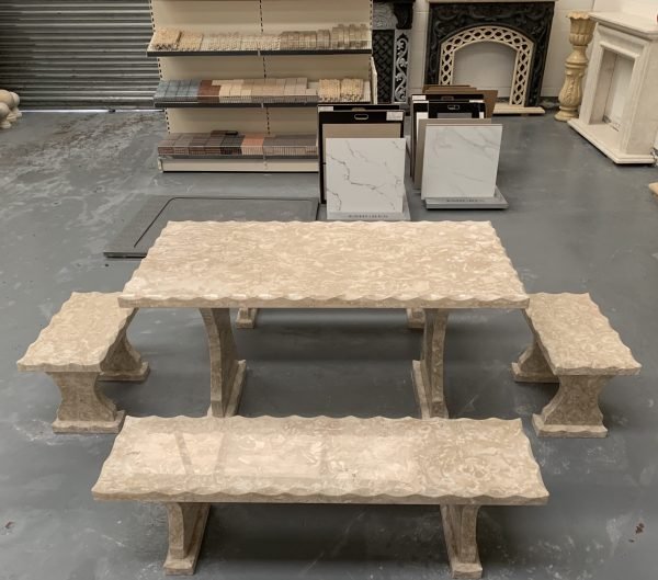 Shell Reef Beige Limestone Table and 4 Bench Set - Image 4