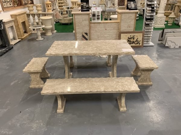 Shell Reef Beige Limestone Table and 4 Bench Set - Image 5